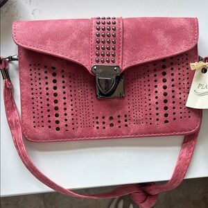 Pink Perforated Crossbody Clutch with Stud Lock
